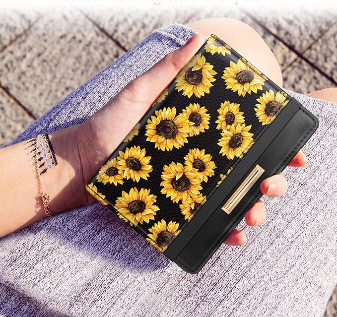 Women's Black Floral Sunflower Passport Wallet Cover with RFID Blocking, 7 Compartments, 4 Card Slots, Magnetic Closure
