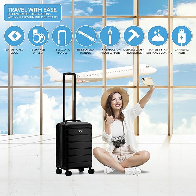 Flight Knight 21.5x15.5x9 Expandable Carry On Suitcase Hardside TSA Lock & USB C Port Lightweight Luggage Silent Double Spinner Wheels Maximum Canada Air Overhead Bag Airlines Approved Black