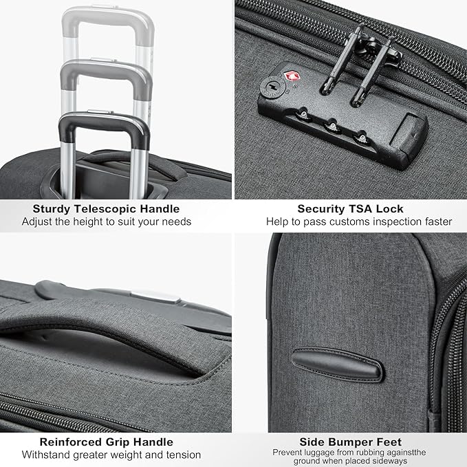 Kono 24 Inch Softside Expandable Checked Luggage with 8 Spinner Wheels TSA Lock Softshell Lightweight Business Travel Suitcase for Men and Women, Black