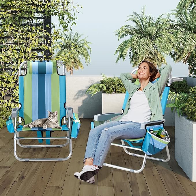 VINGLI Backpack Beach Chair 2 Pack, with 5-Position, Cup Holders, Cooler Bag, Towel Bar, Lightweight Folding Beach Camping Chairs for Adults（Blue/Green-13