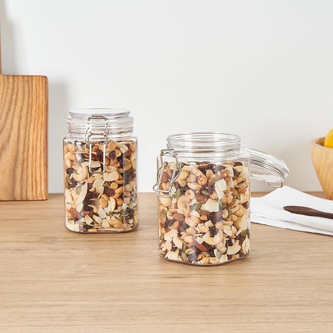 Met Lux 43 Ounce Hinged Food Storage Jars, 20 Airtight Jars With Lids - Rubber Gasket, Wide Mouth, Clear Plastic Square Canisters, Freezable, For Kitchen And Pantry Storage - Restaurantware