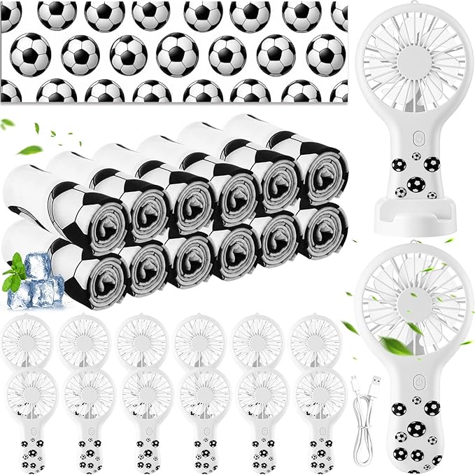 Woanger 24 Pcs Soccer Cooling Towels and Fans Sets Mini Handheld Fans Bulk 3 Speeds USB Lash Towel for Soccer Gifts for Sporting Team Games Party Favor
