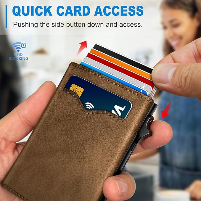 Wallet for Men,with Cash Pocket 2 ID Window 9-13 Cards,Metal Case Smart Slim Pop Up Credit Card Holder Flip with Magnetic Closure RFID Blocking Trifold wallet with Gift Box