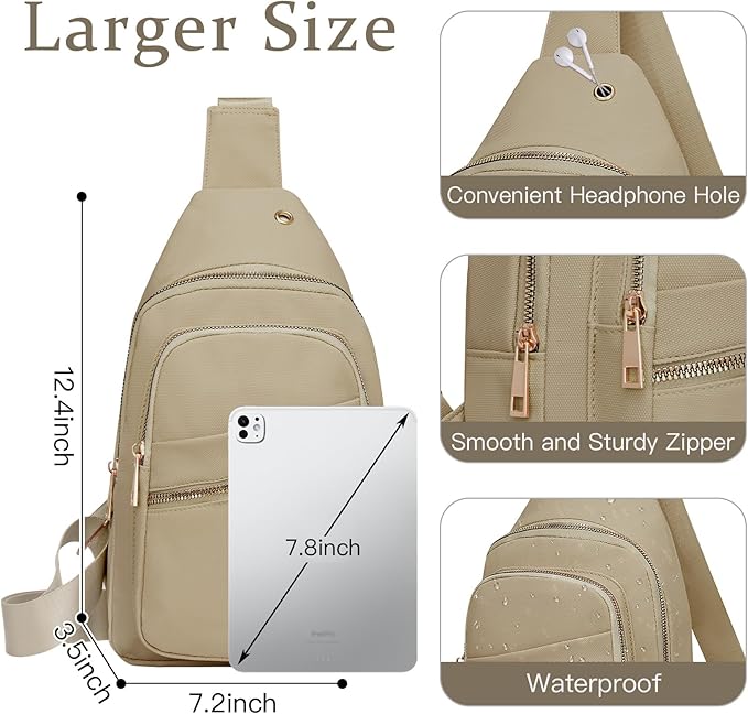 Small RFID Waterproof Sling Bag Travel Crossbody Bags for Women Men, Hands Free Lightweight Sling Backpack Chest Pack Daypack for Outdoors Hiking Traveling Fitness Commuting Cycling Khaki