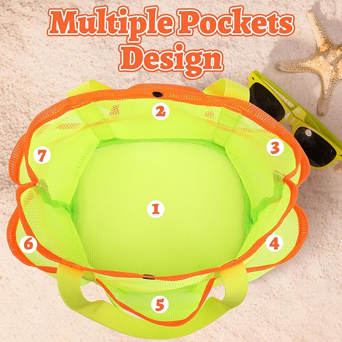 Mesh Beach Bag, Foldable Waterproof Sandproof Beach Storage Tote with 6 Pockets, Swim Tropical Vacation Pool Essential
