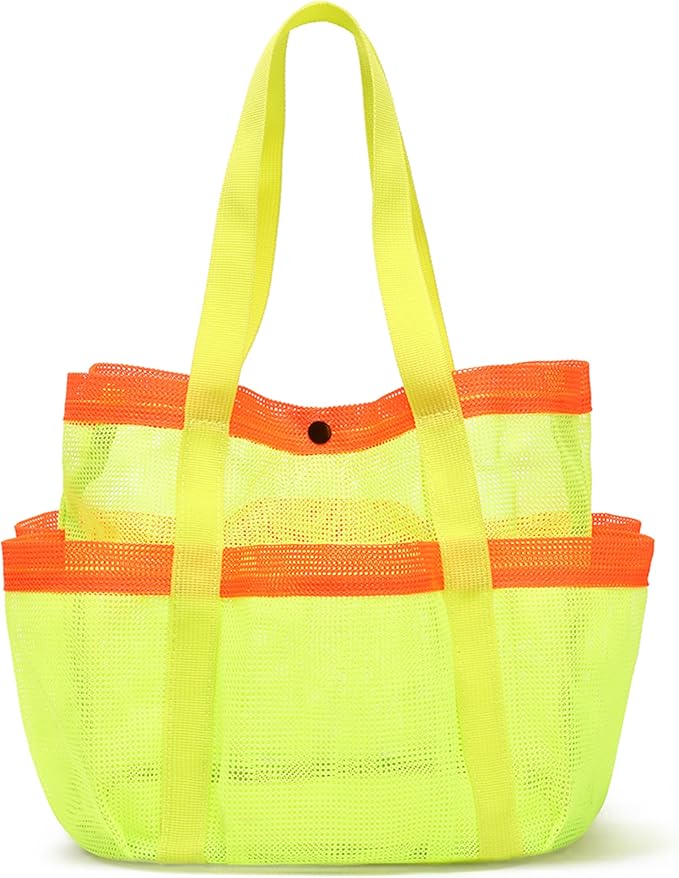 Mesh Beach Bag, Foldable Waterproof Sandproof Beach Storage Tote with 6 Pockets, Swim Tropical Vacation Pool Essential