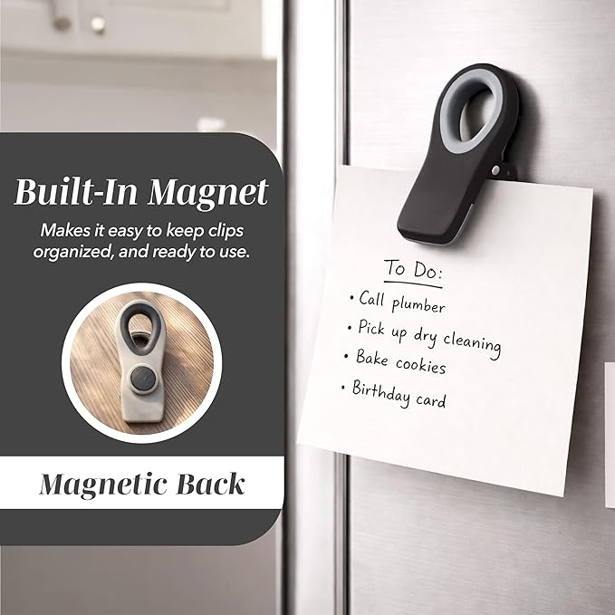COOK WITH COLOR Bag Clips with Magnet- Food, Chip, Bag Clips for Food Storage with Airtight Seal Grip for Bread, Snack and Food Bags (Black, Pack of 20)