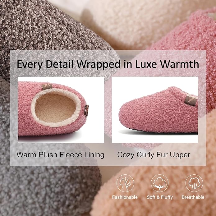 Women’s Fuzzy Memory Foam Slippers with Cozy Curly Fur and Warm Fleece Lining Closed Back Non-Slip House Shoes Lightweight Soft Comfy Indoor Bedroom Slippers