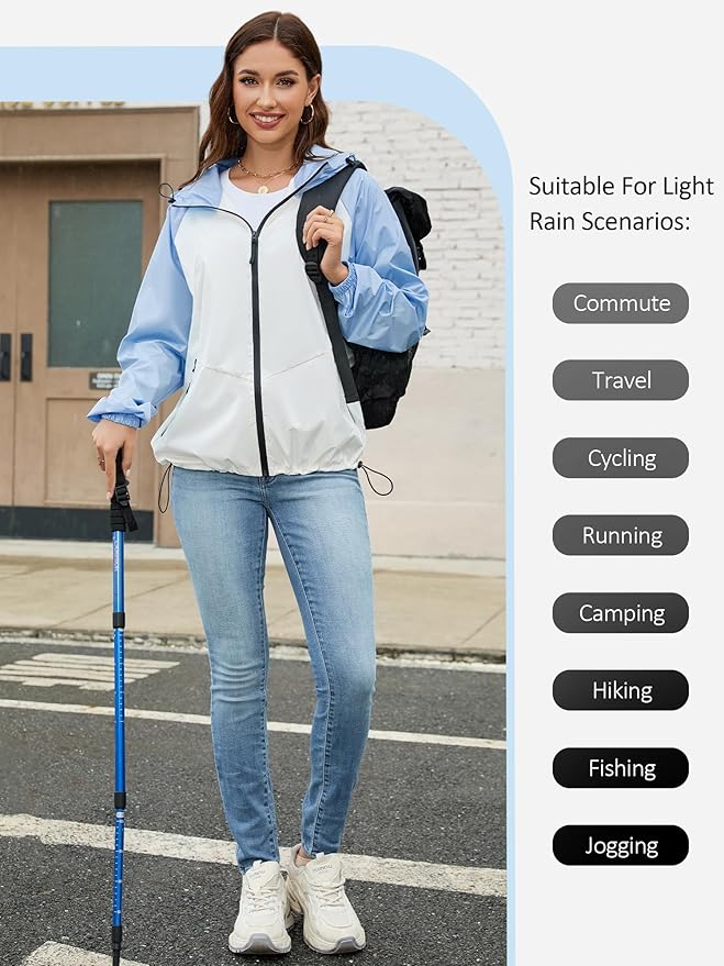 PITINAN Lightweight Rain Jacket Women Packable Wind Breaker Light Rain Jacket Women Waterproof Travel Raincoat S-XXL