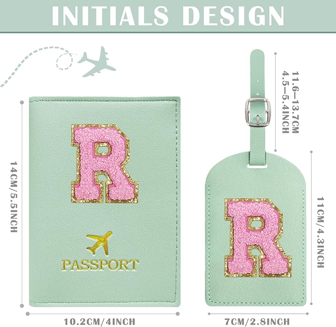 COSHAYSOO Initial Passport Cover Luggage Tag Set Letter Passport Holder Airplane Cruise Travel Essentials Vacation Traveling Accessories Personalized Gifts for Women Teen College Girls Teal R