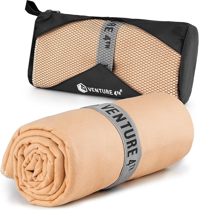 VENTURE 4TH Quick Dry Towel. Microfiber Travel Towel Ideal for Camping, Hiking, Backpacking, Gym. Lightweight & Fast Drying Travel Towels for Body. Compact & Easy to Pack - Beige Large