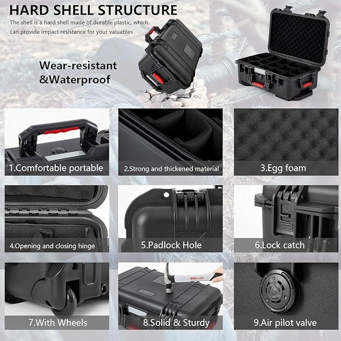Waterproof Rolling Camera Hard Case 22x14x9 Inch, Impact-resistant Travel Case with Padded Dividers & Wheels for Cameras, Lenses & Accessories(Black)