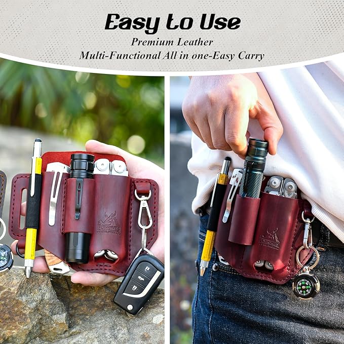 FLYHOMES Premium Full-Grain Genuine Cowhide Leather Multitool Sheath | Handmade Stitched Belt Organizer for Leatherman, Flashlight, Pen & EDC Tools | Multi-Tool Holster Pouch with Keychain Clip