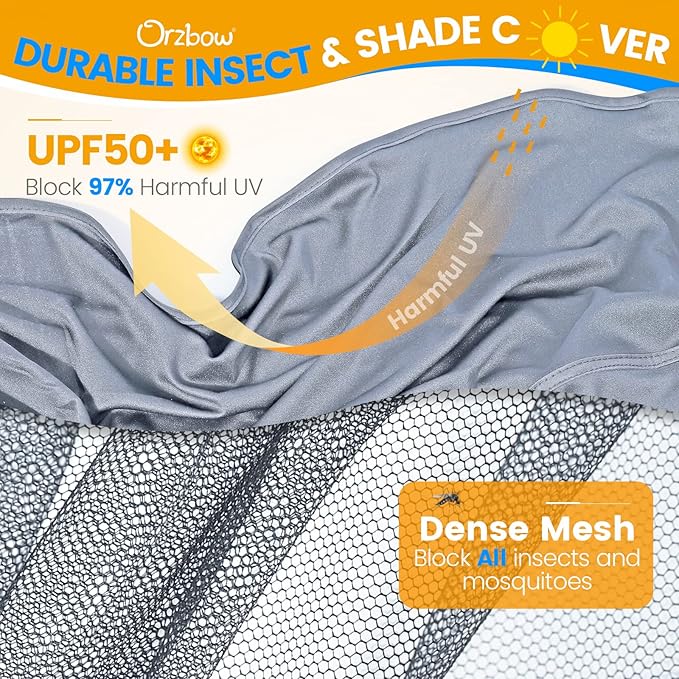 Orzbow Baby Mosquito Net with Sun Shade UPF50+ for Stroller, Universal Stroller Mosquito Netting Privacy Cover with Two-Way Zipper and Storage Bag for Car Seats, Bassinets, Cradles, Mini Cribs, Grey