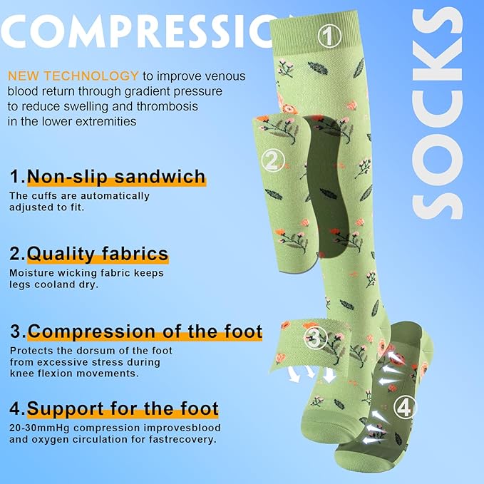 bropite Flora Compression Socks for Women & Men-Knee high 6 Pairs 20-30mmhg Support Running Nurse Travel