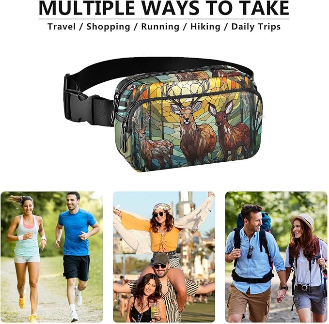 Stained Glass Printed Forest Dear Fanny Pack for Women Men Water Resistant Fashion Waist Packs with Adjustable Strap Belt Bag for Travel Workout Jogging Hiking 21219627
