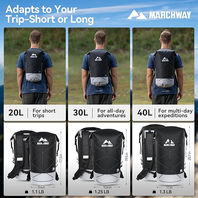 MARCHWAY Floating Roll Top Dry Bag, Flexible Lightweight TPU Waterproof Backpack 20L/30L/40L with Padded Straps for Boating, Kayaking, Swimming, Hiking, Beach (Black, 30L)