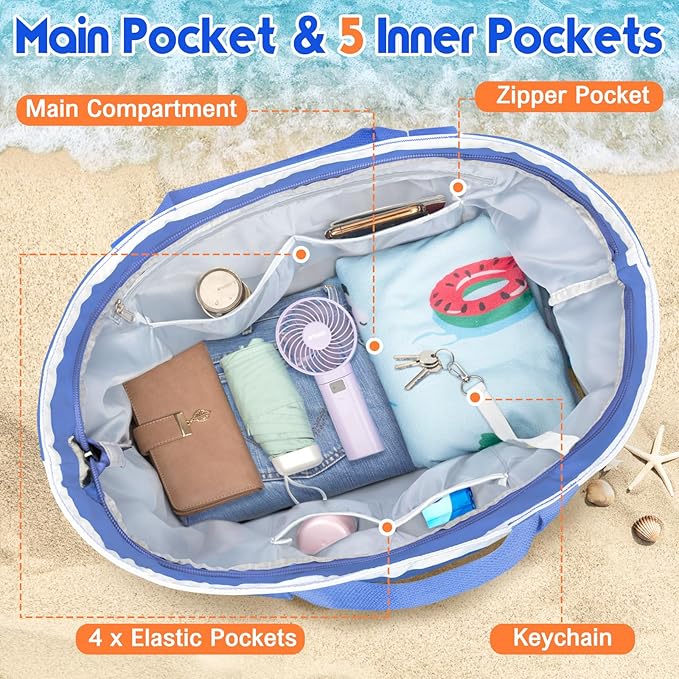 BKNOOU Extra Large Beach Bags Waterproof Sandproof XL Beach Tote Bag for Women Zipper Foldable Swim Pool Bag with Wet Pocket