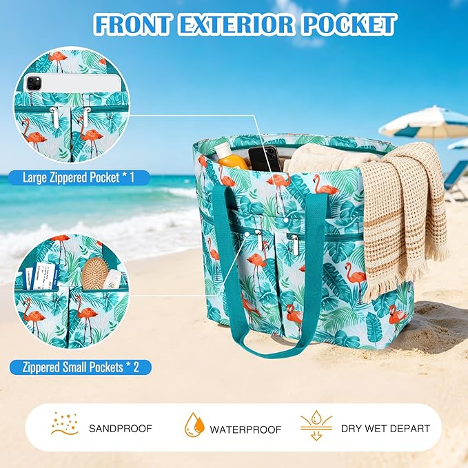 HUANLANG Large Beach Bags for Women Pool Bag with Zipper, Waterproof Sandproof Beach Tote Travel Bag with Wet Pocket | Waterproof, Large capacity, Dry/wet separation, Cooling function, Durable fabric, sandproof