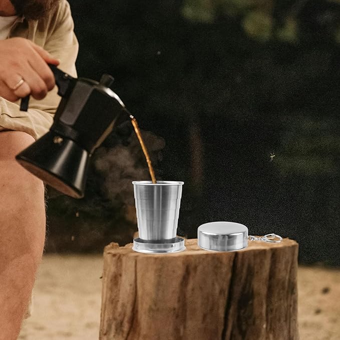 MY MIRONEY 2PCS Stainless Steel Collapsible Cup Telescopic Shot Glasses Portable Outdoor Folding Cup with Metal Keychain and Lid for Travel, Camping, Picnic (2.5 Oz)