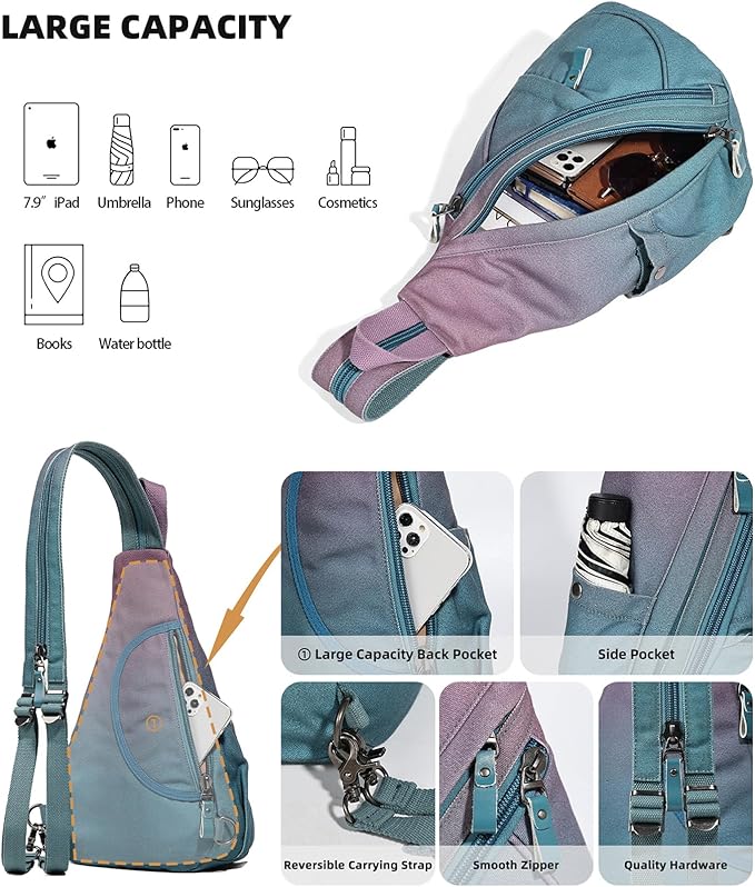 KL928 Canvas Sling Bag - Small Crossbody Backpack Shoulder Casual Daypack Rucksack for Men Women(Large Version, Violet+GrayishBlue)