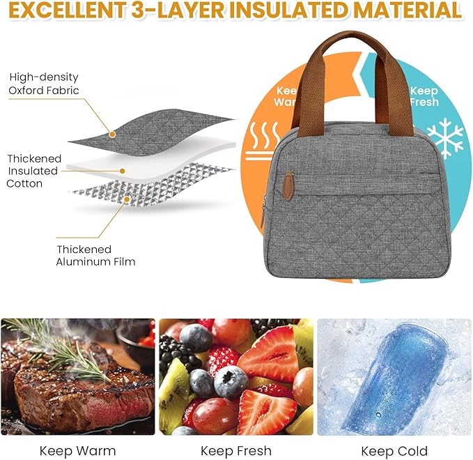 Insulated Lunch Bag for Women, Portable Lightweight Lunch Box for Adults, Reusable Lunch Tote Cooler Bags with Front Zipper Pocket for Work School Picnic(Gray, Large)