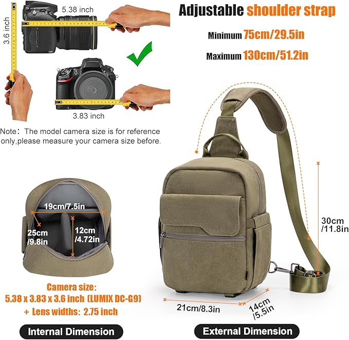 Cwatcun Camera Sling Bag Compact Small Camera Case, Waterproof Canvas Crossbody Camera Bag with Rain Cover, Travel Photography Bag for Canon Nikon Sony Fuji DSLR/SLR/Mirrorless Cameras, Lens, Green