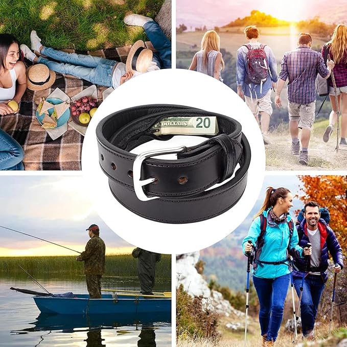 Leather Money Belt for Men with Hidden Zipper Pocket - Full Grain Travel Security Belts with Secret Compartment for Cash Cards, Anti-Theft Safe Storage Belt for Business Travel Dad Husband Boyfriend
