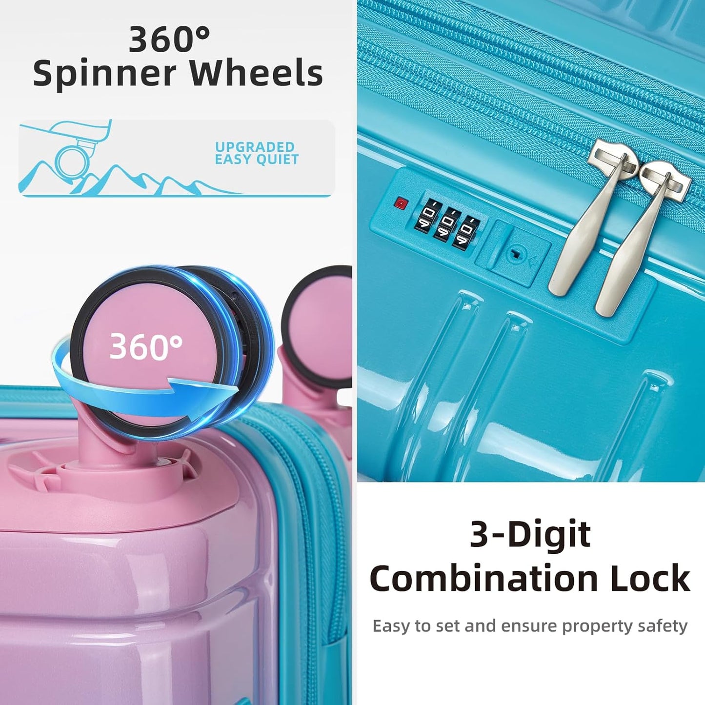 LARVENDER Luggage Sets 5 Piece Hardside Expandable Suitcase with Wheels Lock,PC+ABS Hardside Lightweight Rolling Suitcase for Women and Men,Cotton Candy