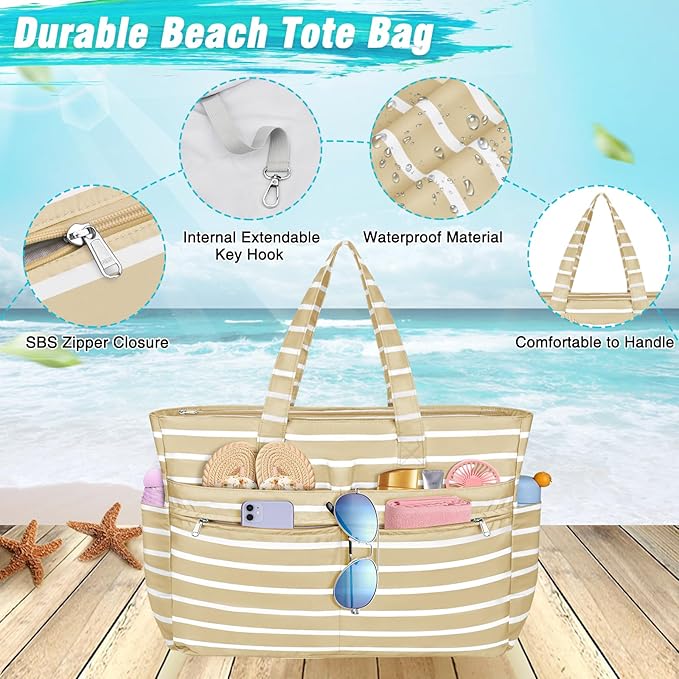 HUANLANG Extra Large Beach Bag Waterproof Beach Totes Bags for Women Men,Pool Bag with Zipper Wet Pocket