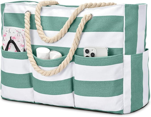 Becokan Beach Bags for Women Canvas Large Beach Tote Bag Zipper Waterproof Sandproof Foldable Swim Pool Bag with 7 Pockets