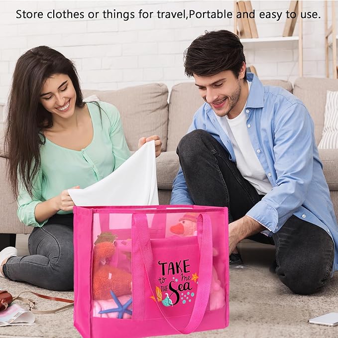 Reusable Large Beach Bags With 2 Pockets & Zipper, Lightweight Beach Tote for Poolside, Trip/swim