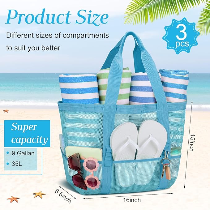 Hillban Large Beach Mesh Bags Bulk for Women Beach Tote Bag with 8 Pocket Zipper Waterproof Sandproof for Pool Cruise Ship