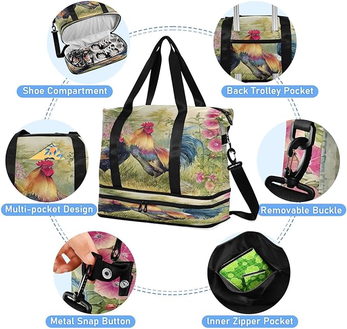 Travel Duffel Bags for Women Country Rooster Painting Print Sports Duffel Bags Gym Bags with Shoes Compartment Tote Bag Weekender Bag for Travelling