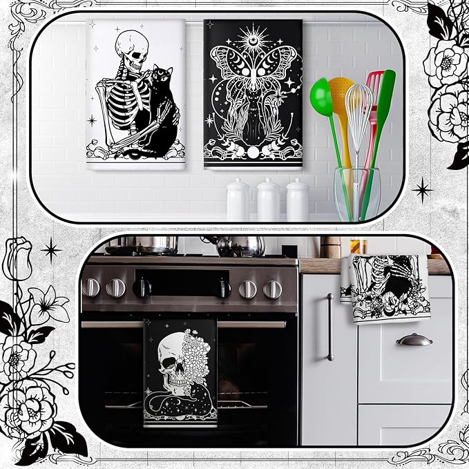 Bencailor 6 Pcs Skull Kitchen Towels Skeleton Dish Hand Towels Black Cat Skull Tea Washcloth for Bathroom Kitchen Gothic Horror Decor Gifts 24 x 16''