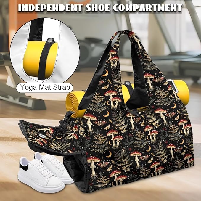 Mushroon Forest Butterfly Womens Gym Bag with Shoes Compartment Lightweight Carry On Bag Travel Luggage Sports Workout Swim Beach Weekender Overnight Bags for Women Gifts