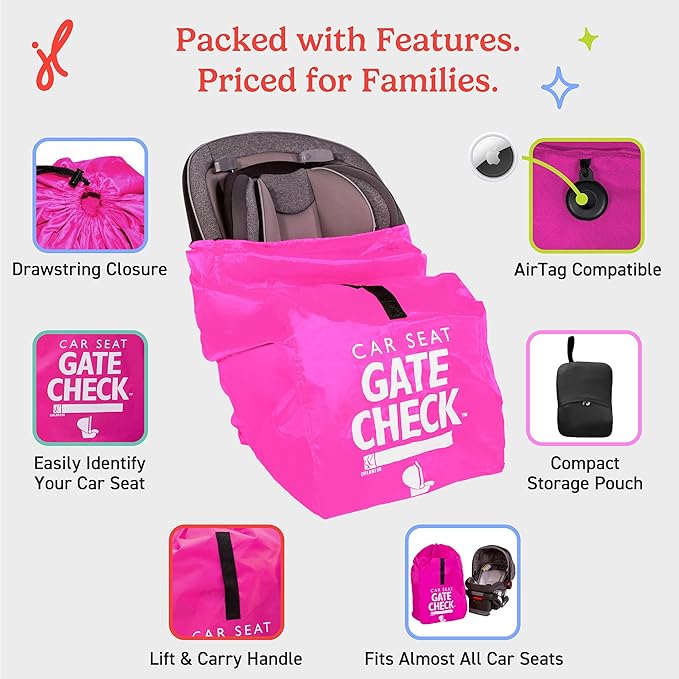 J.L. Childress Gate Check Travel Bag for Car Seats - Car Seat Travel Bag for Airplane, Includes AIRTAG Holder, Fits All Baby Car Infant Carriers & Child Booster Seats - Neon Pink