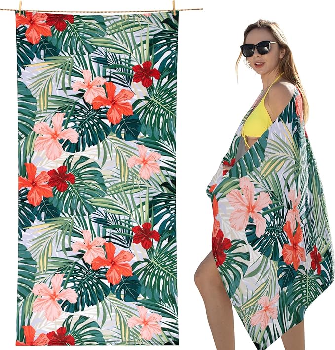 cabanana Sand Free Beach Towel - Large Oversized Beach Towel Sandproof 70x35 Big Microfiber Quick Dry Pool Towel, Thin Lightweight Compact for Travel Swimming Bath for Adults Women Men (Flower)