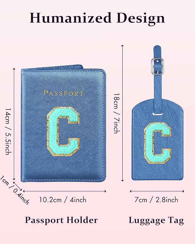 Slohif Passport Holder Initial Lugguage Tag Set Suitcase Cover Wallet Case for Travel Women - Leather Letter Passport Book Personalized Organizer Card Protector Sleeve Essentials Slim Carrier Blue C