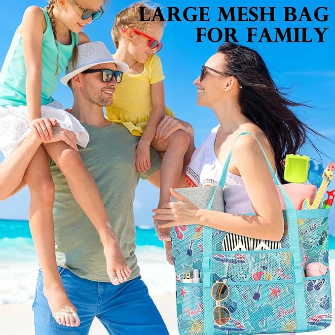 Mesh Beach Bag, Large Beach Tote with Zipper Pocket, Toys Pool Bag for Family Travel Vacation Cruise Essentials