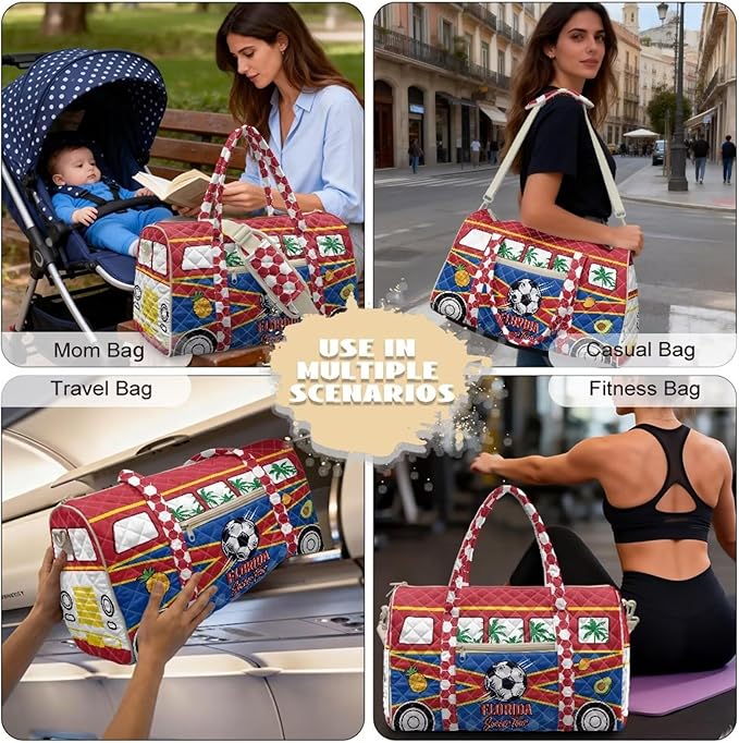 COEQINE Quilted Travel Bags for Men Large Quilted Tote Bag Large Floral Travel Bag Gym Bag Carry On Duffel Handbags,Florida Van Car on Red Blue