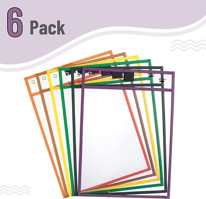Mr. Pen Dry Erase Pocket Sleeves, 6 Pack, 10x14 inches, Multicolored Border, Plastic, Reusable Dry Erase Sheet Protectors
