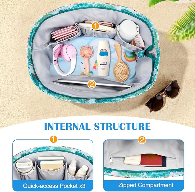 HUANLANG Large Beach Bags for Women Pool Bag with Zipper, Waterproof Sandproof Beach Tote Travel Bag with Wet Pocket | Waterproof, Large capacity, Dry/wet separation, Cooling function, Durable fabric, sandproof