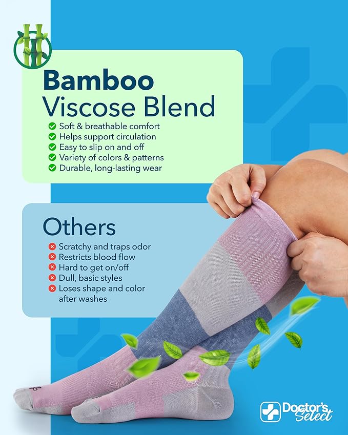 Doctor's Select Bamboo Viscose Light Compression Socks for Women & Men - 3 Pairs, 8-15 mmHg Compression Socks, Knee High