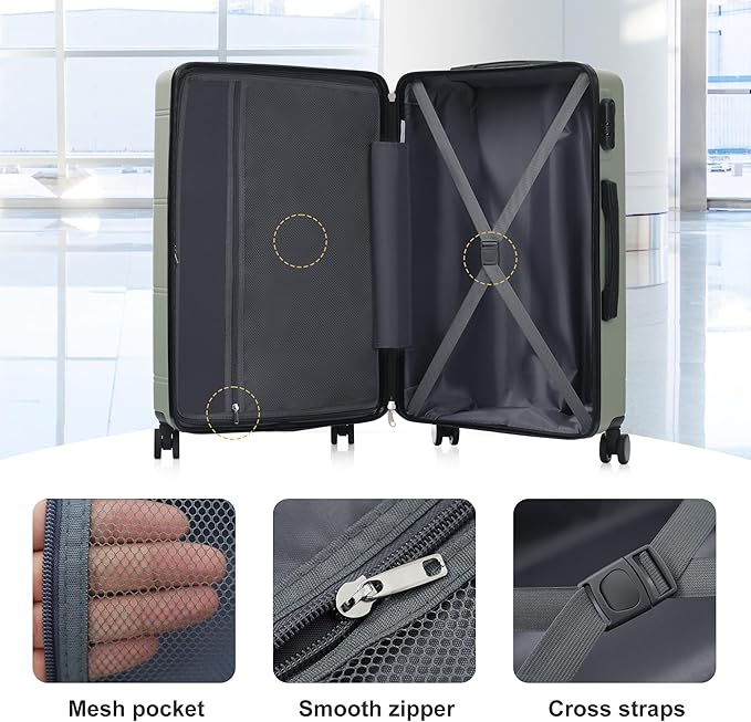 Merax Luggage Set 6 Piece,Lightweight Hardshell Suitcase with Double Spinner Wheels Handle Password Lock,14 IN Cosmetic Case 20/24/28 IN Luggages with Duffel Bag and Toiletry Bag,Light Green