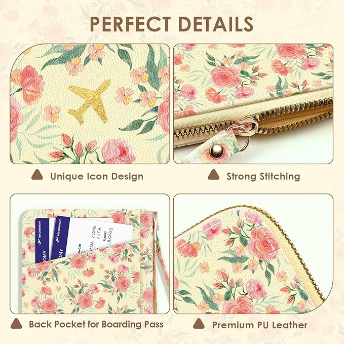 Passport Holder, Passport Holder For Travel, Passport Cover For Travel Essentials, Passport Wallet Cover RFID Blocking, Cute Passport Book for Women and Men, Pink Flowers