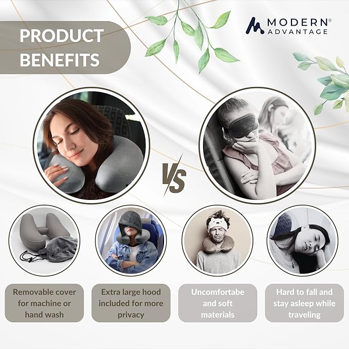 Modern Advantage Inflatable Travel Pillow for Airplanes with Comfort Hood, Adjustable Neck Support, Lightweight & Compact Flight Pillow for Sleeping on Long Flights & Travel (Grey)