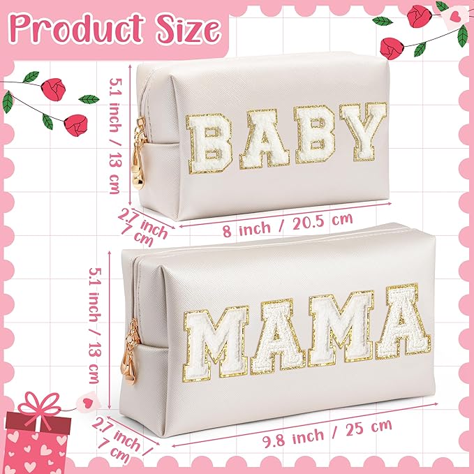 CY2SIDE MAMA Baby Letter Makeup Bag - 2PCS White MAMA and BABY Chenille Letter Patch Cosmetic Bag Pink PU Leather Patch Pouch Waterproof Portable Zipper Travel Organizer Case Gifts for Mom Women