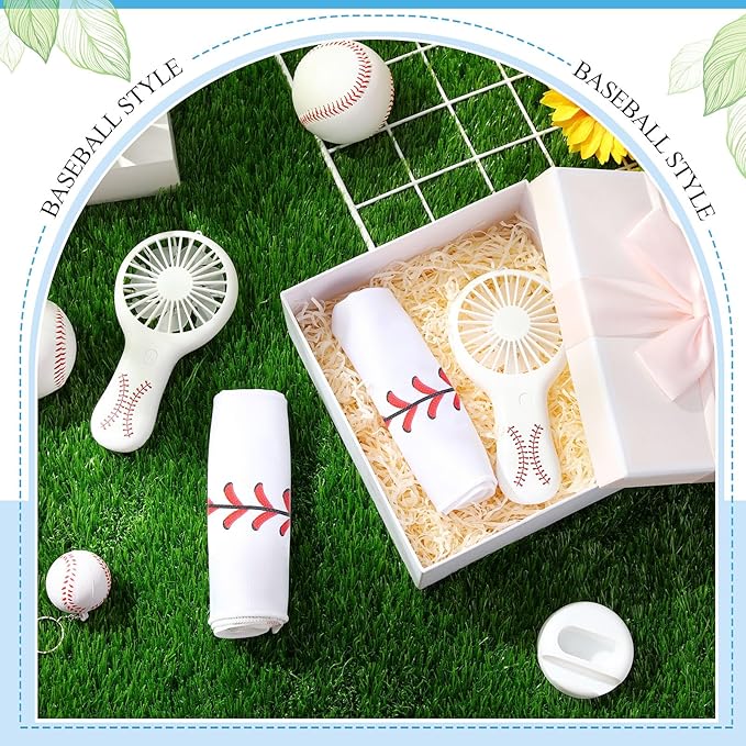 Woanger 24 Pcs Baseball Cooling Towels and Fans Sets Mini Handheld Fans Bulk 3 Speeds USB Lash Towel for Sporting Baseball Gifts for Team Games Party Favor