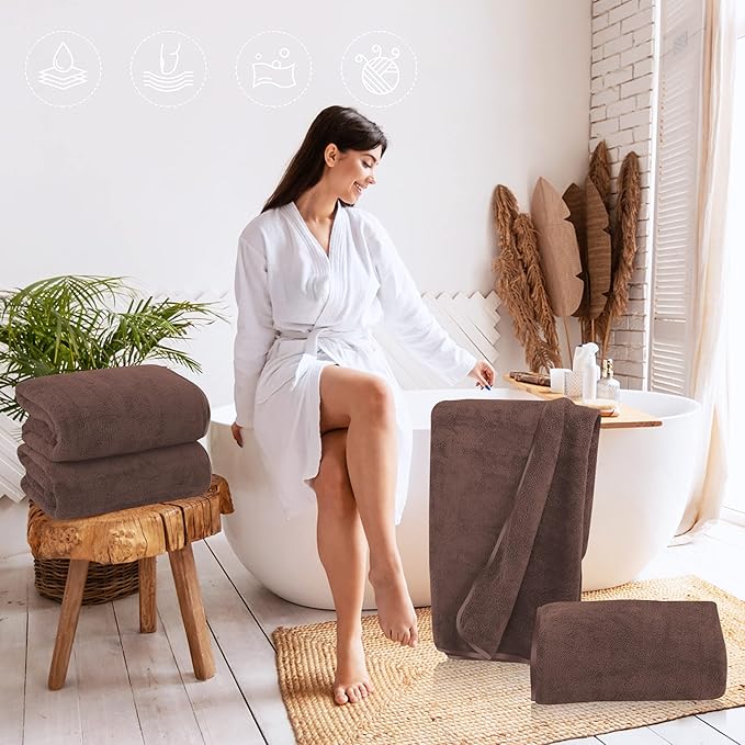 TENSTARS Silk Hemming Bath Towels for Bathroom Clearance - 27 x 55 inches - Light Thin Quick Drying - Soft Microfiber Absorbent Towel for Bath Fitness, Sports, Yoga, Travel, Gym - 2 Pack, Wood Brown